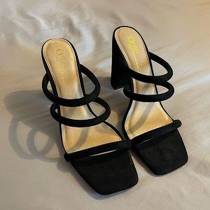 3 strap, Mule style, black heels (approx. 3”)